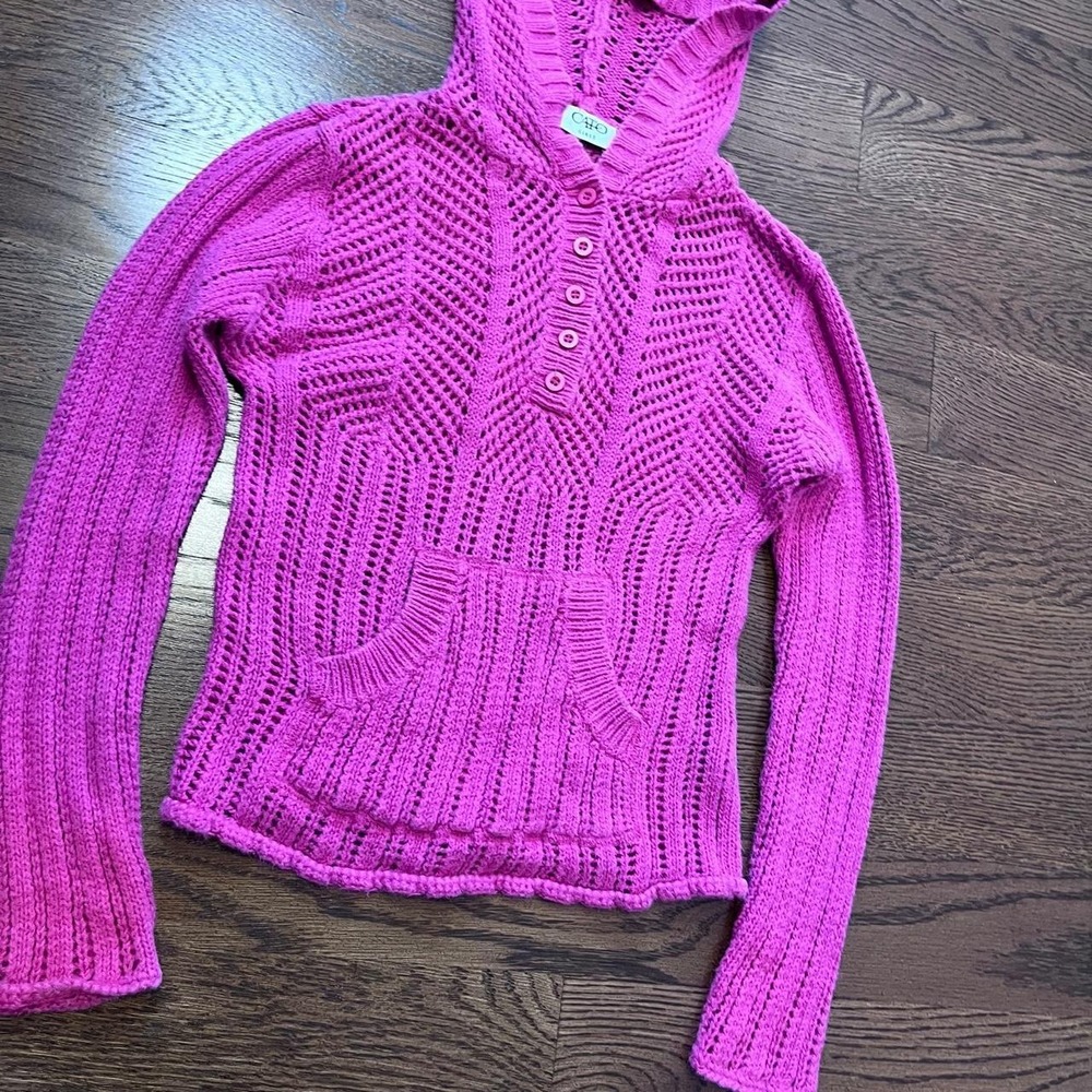 y2k vintage hot pink knit button up henley hooded sweater xs - Picture 3 of 8